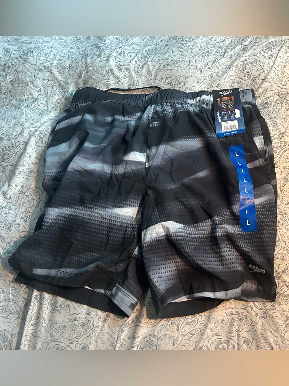 Speedo Men's Black & Gray Patterned Swim Trunks